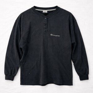 Champion Black Henley Shirt Heavyweight Cotton Vintage Fade Size XL